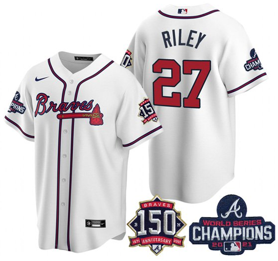 Men's Atlanta Braves #27 Austin Riley 2021 White World Series Champions With 150th Anniversary Patch Cool Base Stitched Jersey